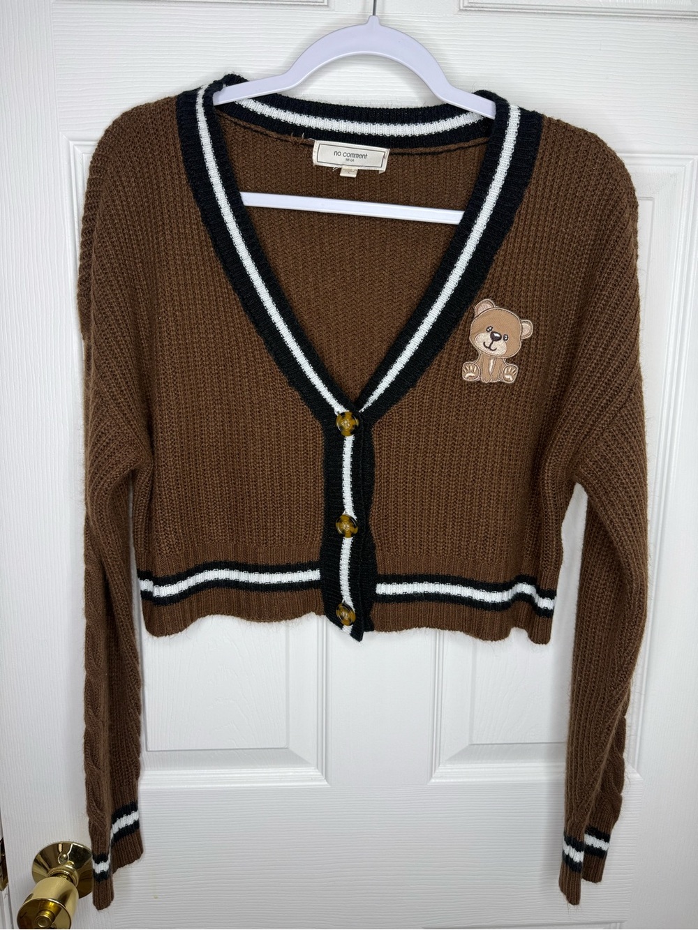 No Comment NY-LA Brown Teddy Bear Cropped Cardigan Sweater Size L